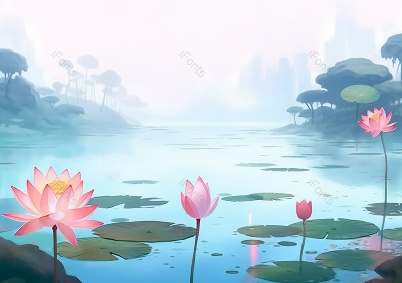 新中式意境插画夏季山水荷花背景,插画/手绘图,插画/手绘图库,插画/手绘图下载,插画/手绘